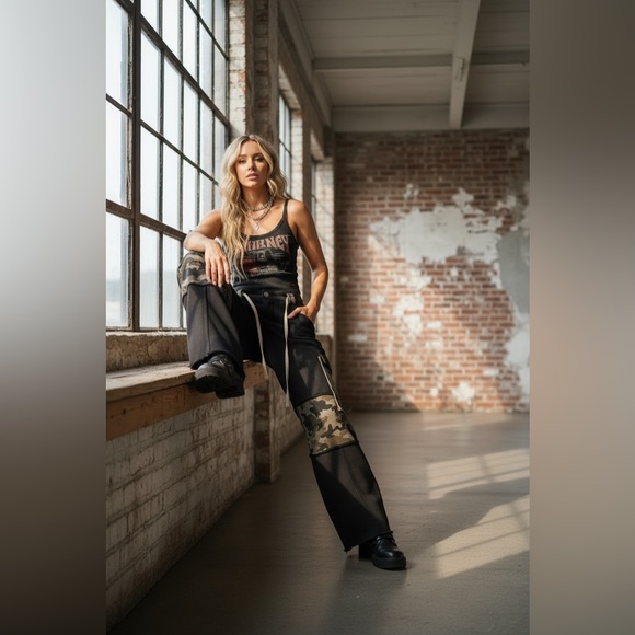 NWT POL Camo Camouflage Cargo Wide Leg Drawstring Casual Pants Black - Picture 2 of 7